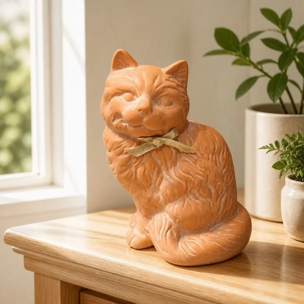 Vintage Terracotta Sitting Cat With Bow Made In Taiwan